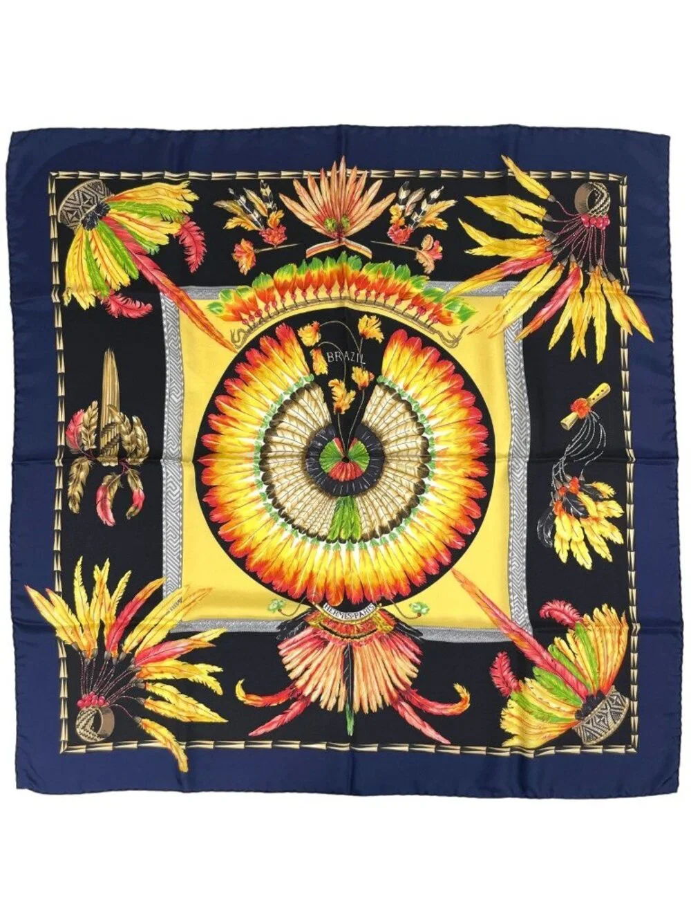 Hermes Carre 90 Brazil Detail Scarf Silk Navy Black Multicolor